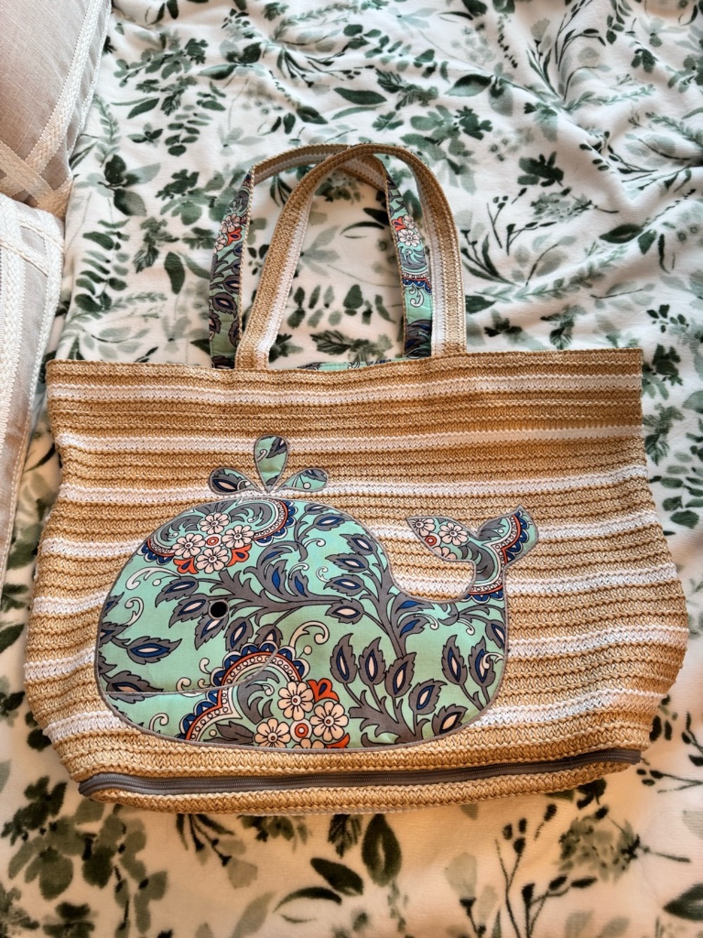 Vera Bradley Striped Straw Beach Tote with Mint Paisley Whale Accent